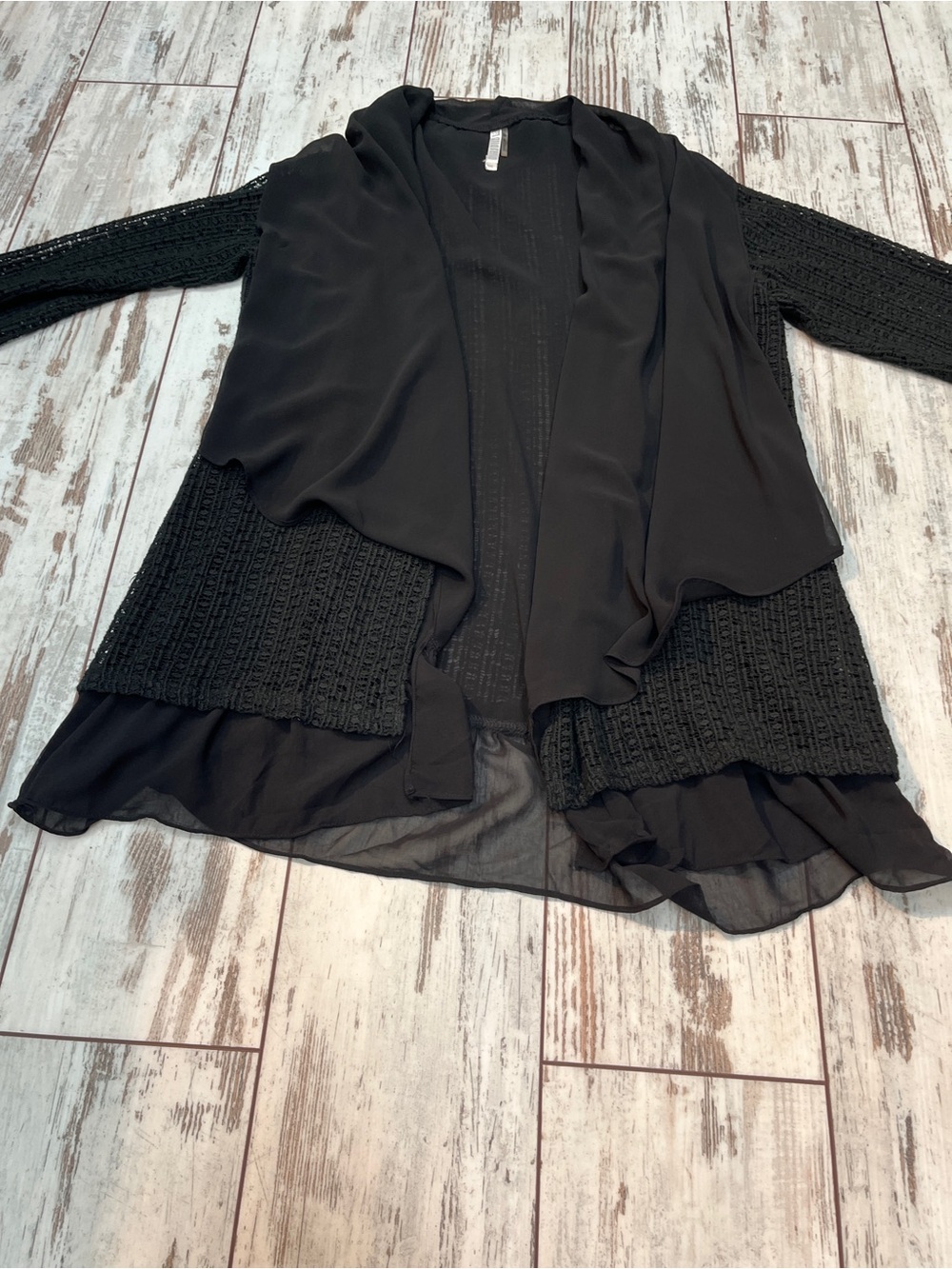 Monoreno Mixed Media Open Front Cardigan Womens Medium Black Crochet Chiffon - Picture 8 of 13